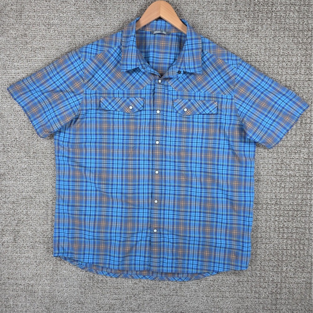 Stio Mens XXL Blue Plaid Eddy Short Sleeve Pearl Snap Western Shirt Shirt